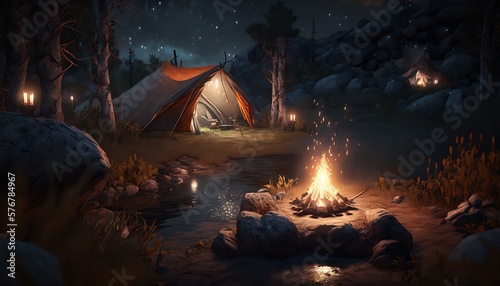 Camping in the woods with a bonfire. Generative Ai