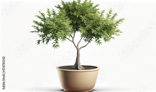 a potted plant with a small tree in it on a white background with a shadow of the plant on the potted plant is a white background.  generative ai