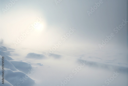 Snow dunes panorama during blizzard. White and empty frozen scenic imaginary landscape. Generative AI