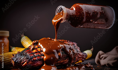  a steak covered in bbq sauce being drizzled over corn on the cob with a bottle of barbecue sauce on the side.  generative ai