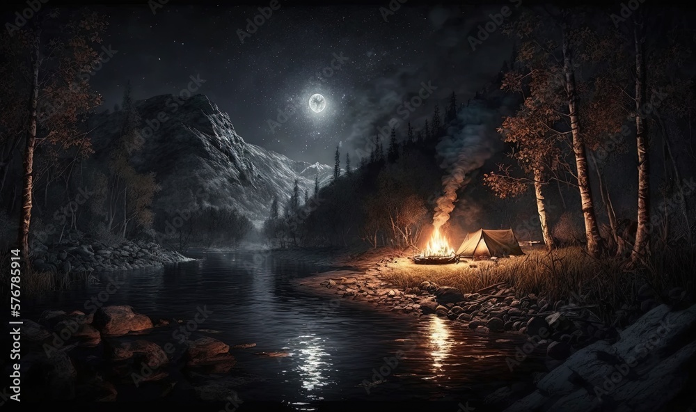  a painting of a campfire and a tent in the woods at night with a full moon in the sky above the trees and water.  generative ai