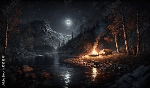  a painting of a campfire and a tent in the woods at night with a full moon in the sky above the trees and water. generative ai