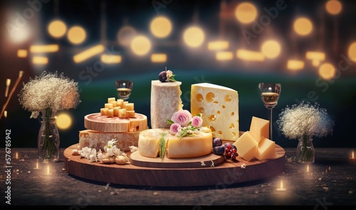  a variety of cheeses on a wooden platter with wine glasses and flowers on a table in front of a blurry background of lights. generative ai