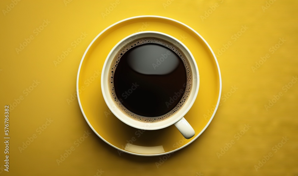  a cup of coffee on a saucer on a yellow background with a shadow of a cup of coffee on the side of the cup.  generative ai