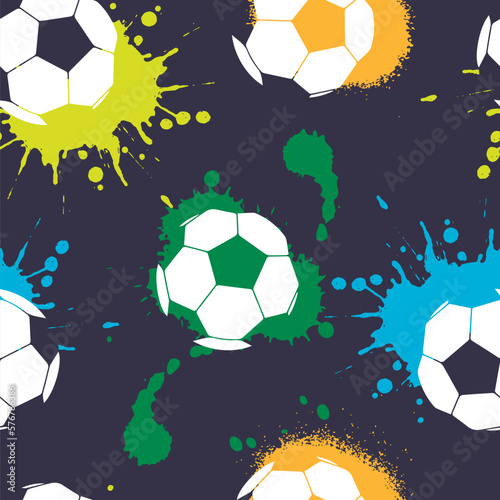 Abstract seamless football pattern for boys, textile, clothes. Urban repeated backdrop with silhouette of shabby ball. Sport colorful wallpaper.