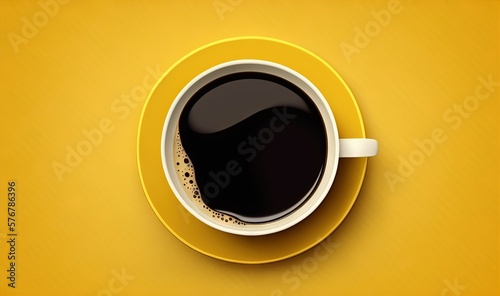  a cup of coffee on a saucer on a yellow background with a shadow in the middle of the cup and a shadow in the middle of the cup.  generative ai