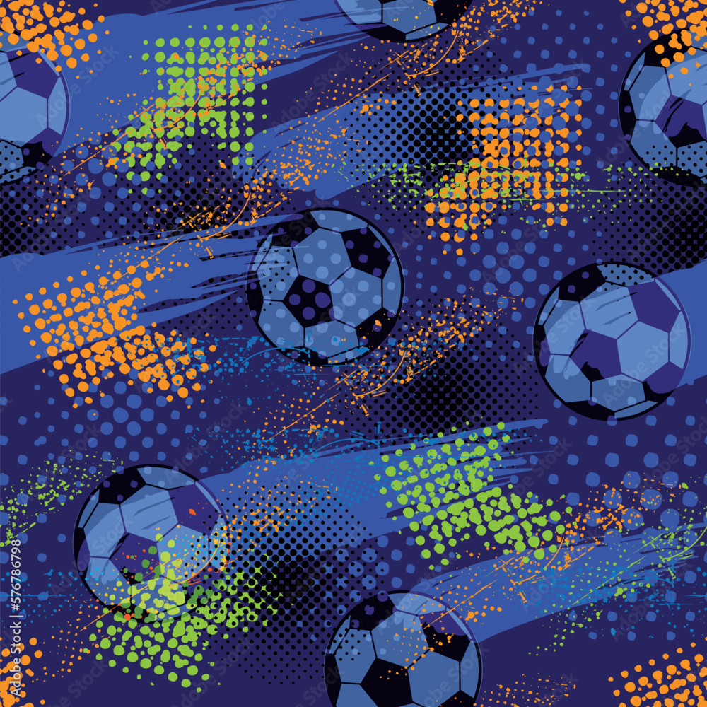Abstract seamless pattern for boys. Football pattern. Grunge urban pattern with football ball. Sport wallpaper on green  background with green and blue. Repeated sport pattern.