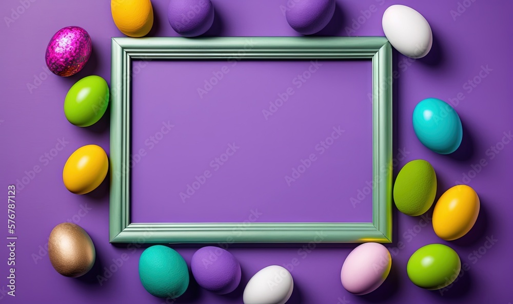  an empty frame surrounded by colored eggs on a purple background with copy space for a message or an easter card or postcard or gift card.  generative ai