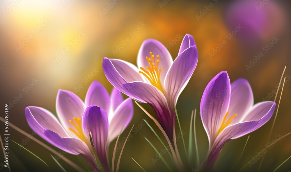  a painting of purple flowers in a vase on a table with a blurry background of yellow and purple flowers in the foreground, with a yellow center.  generative ai