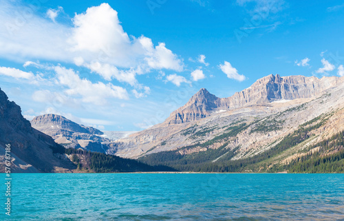Panoramic landscape of Bow Lake and Rocky Mountains, Banff national park, Alberta, Canada.