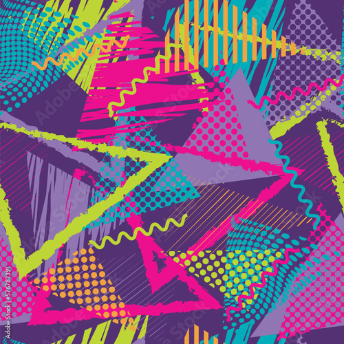 Abstract chaotic seamless pattern with triangles and stripes. Neon pattern on a dark background, for girls and boys, textiles, fabrics, sportswear, wrapping paper, cards, web