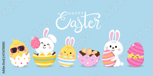 Easter greeting card with cute yellow chick, colourful eggs, bunny and rabbit. Happy animal wildlife in holiday cartoon character. -Vector.