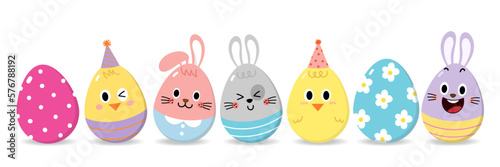 Easter holidays greeting card with cute yellow chick, colourful eggs, bunny and rabbit. Happy animal wildlife cartoon character. -Vector.