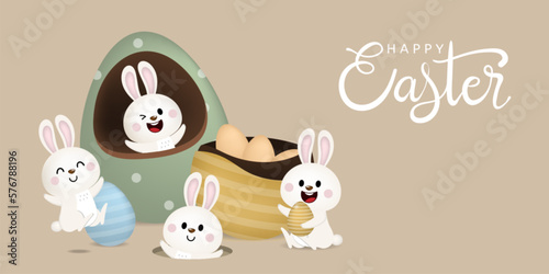 Happy Easter greeting card with cute yellow chick, colourful eggs, bunny and rabbit. Animal wildlife holiday cartoon character. -Vector.