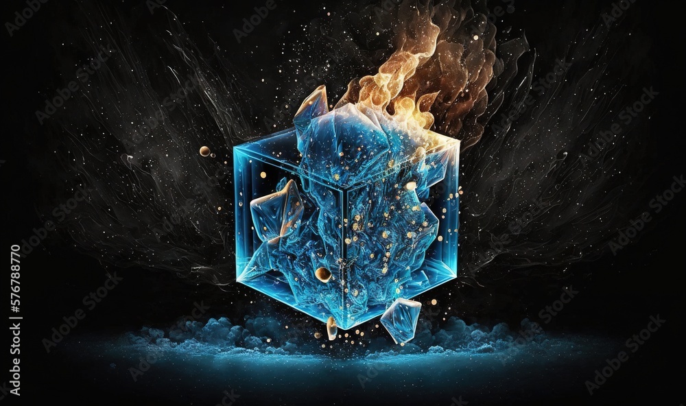 an ice cube with fire and water around it on a black background with a ...
