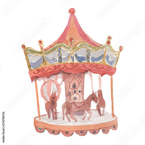 Carousels rides swings children's cars ferris wheel horses watercolor illustration hand drawn set big on white background