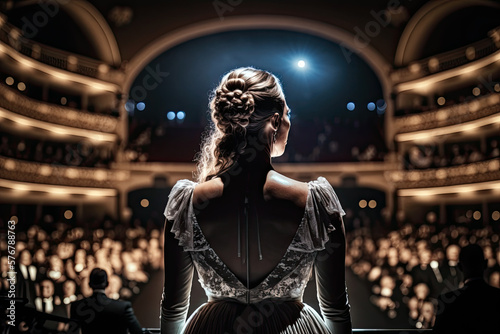 Fotografia Generative Illustration AI of a female opera singer soprano looking at the audie