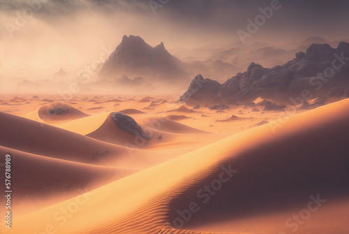 Desert sand landscape. Atmospheric scenic imaginary view. Clouds and sandstorm. Generative AI