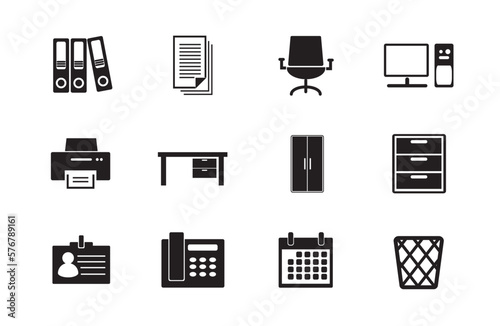 Office icon set, computer, printerม locker, calendar, file for app web logo banner - Vector 