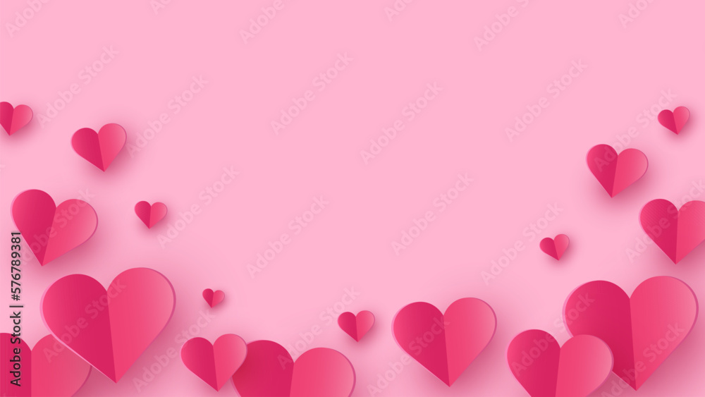 Paper cut hearts flying on pink background. Concept of design for Valentine’s Day, Mother’s Day and Women’s Day. Vector illustration