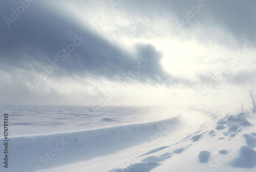 Snow dunes panorama during blizzard. White and empty frozen scenic imaginary landscape. Generative AI