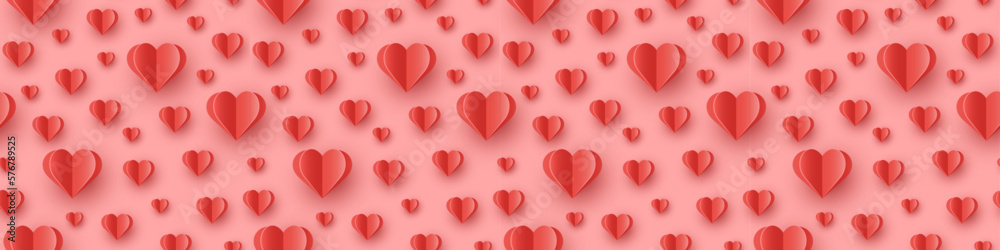 Paper cut hearts flying on pink background. Seamless texture. Concept of design for Valentine’s Day, Mother’s Day and Women’s Day. Banner. Vector illustration