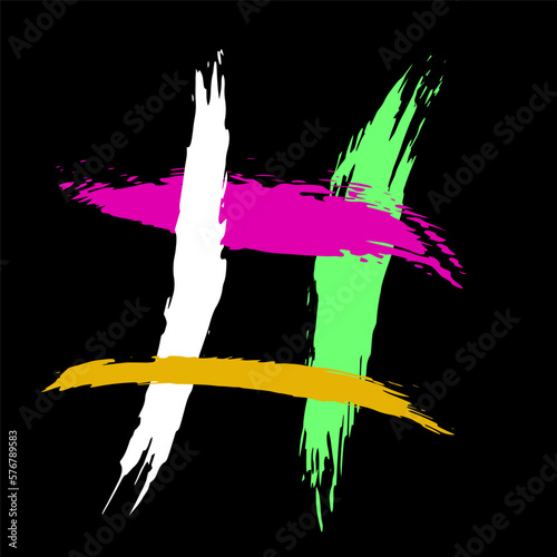 The hash on a black background is drawn by hand with a brush.