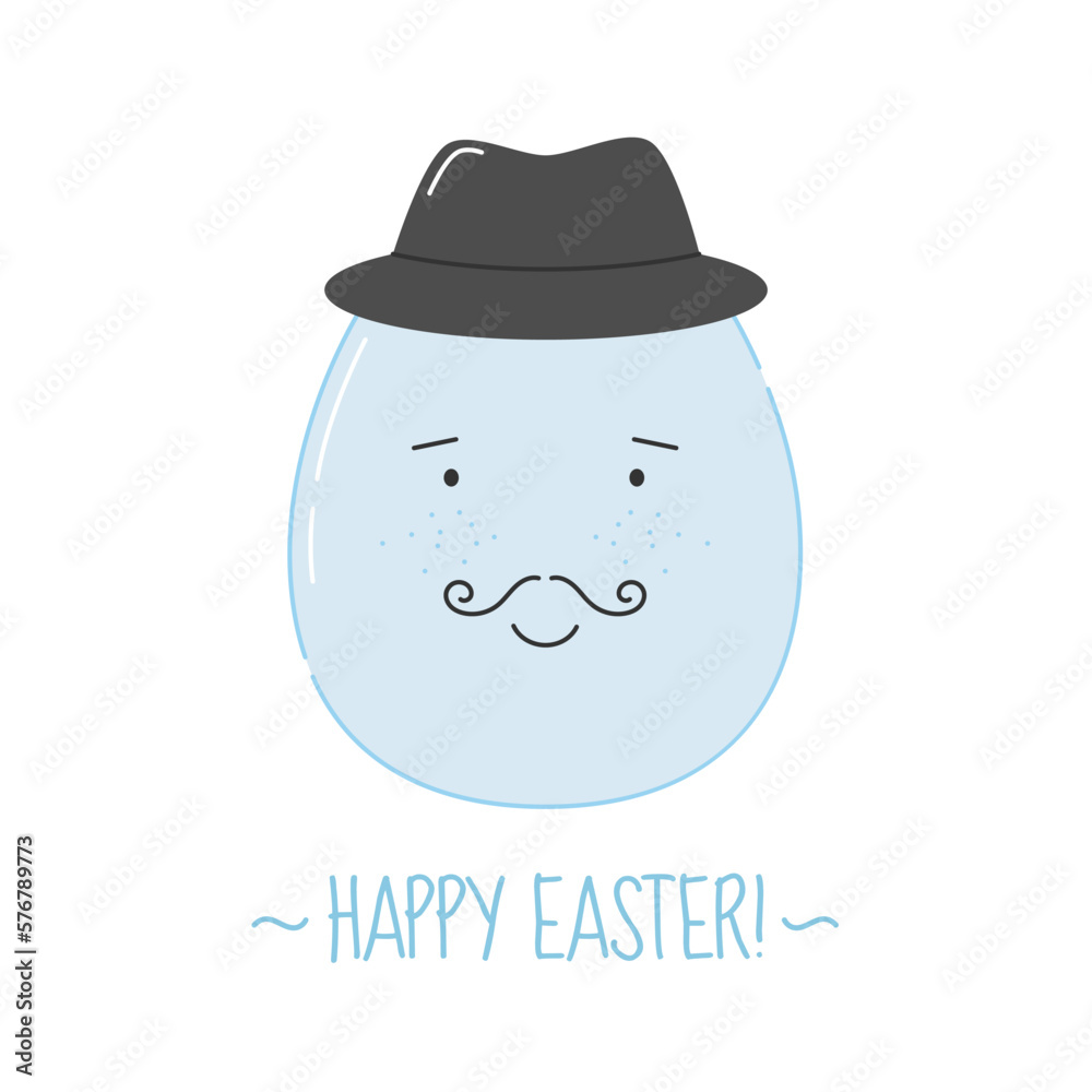 Easter Egg with cute gentleman face and mustache in flat style. Festive colorful egg character with in a hat . Vector illustration isolated on white background Easter Egg with cute gentleman face and mustache in flat style. Festive colorful egg character with in a hat . Vector illustration isolated on white background