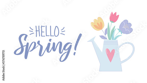 Flower bouquet in a cute blue watering can. Hello Spring postcard. Cute spring flat style vector illustration.