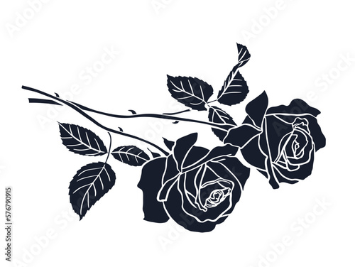 Two Black silhouette of rose isolated on white background. Vector illustration.