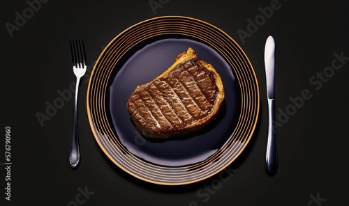  a piece of steak on a plate with a fork and knife on a black tablecloth with a yellow stripe around the edge of the plate. generative ai