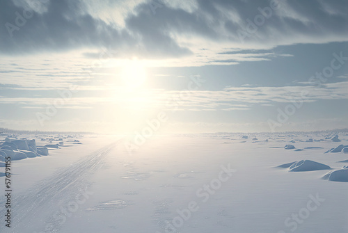 Snow dunes panorama during blizzard. White and empty frozen scenic imaginary landscape. Generative AI