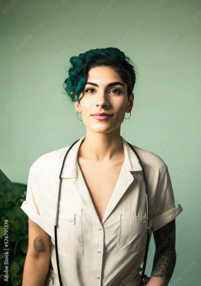 Generative AI illustration of transgender woman with modern haircut and tattoos Generative AI illustration of transgender woman with modern haircut and tattoos