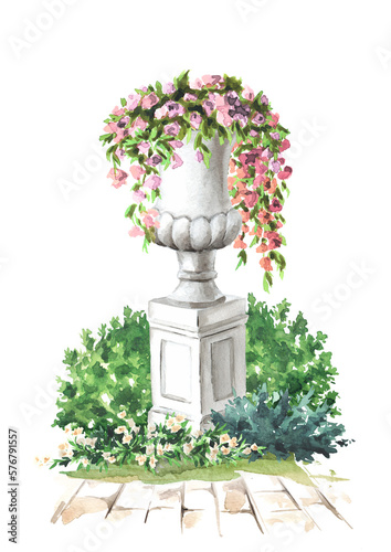 Garden decorative architectural element., stone marble vase or flower pot, Landscape design, Hand drawn watercolor illustration isolated on white background