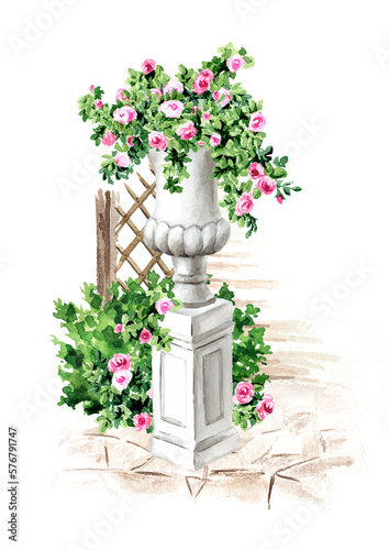 Garden decorative architectural element, stone marble vase or flower pot, Landscape design, Hand drawn watercolor illustration isolated on white background