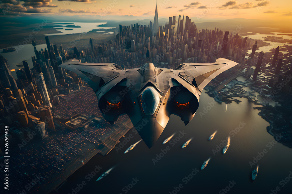 Military modern fighter jet patrols the territory, flying over aerial ...
