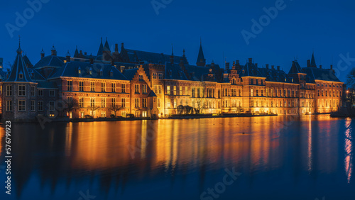 The Hague's Binnenhof with the Hofvijver lake at dusk, Den Haag, Netherlands