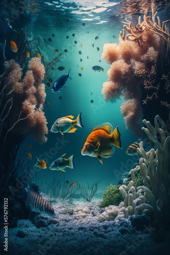 underwater_Landscape with fishes. Generative ai.