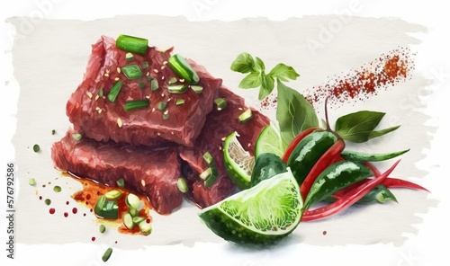  a painting of some meat and vegetables on a white surface with a green pepper and a lime slice on the side of the meat and a red chili and green pepper. generative ai