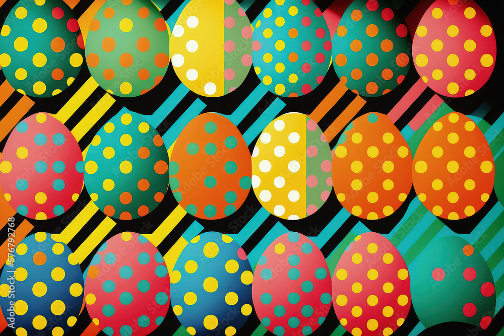 Colorful Easter Eggs in dots pattern, Pop art style. Egg in dots pattern. Volume eggs, bright vivid bold colours, Generative AI Colorful Easter Eggs in dots pattern, Pop art style. Egg in dots pattern. Volume eggs, bright vivid bold colours, Generative AI