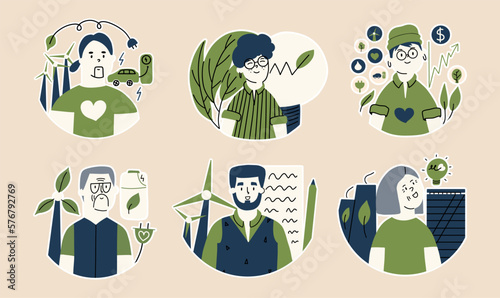 Set of conceptual ESG stickers. A group of people with principles of social, sustainable, renewable. Collection business icon. Vector illustration in flat style.