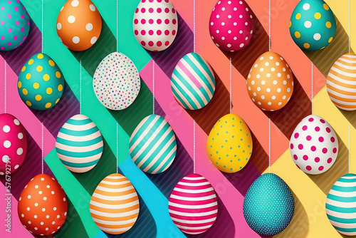 Colorful Easter Eggs in dots pattern and strips pattern, Pop art style. Egg in dots pattern. Volume eggs, bright vivid bold colours, Generative AI