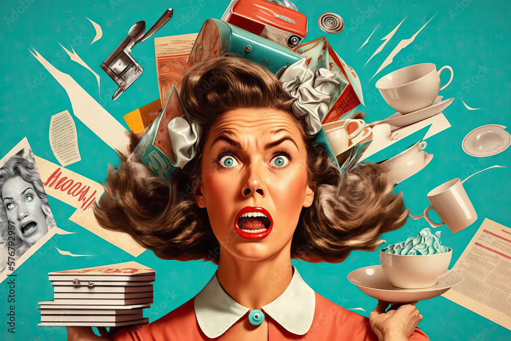 Woman screaming, tired of household chores, , messy explosion of household items and cleaning