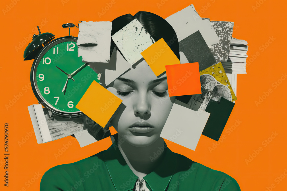 Young woman with chaos around her head from documents and watches, the concept of time management, chronic fatigue and overwork, contemporary art collage, modern design, Generative AI - obrazy, fototapety, plakaty 