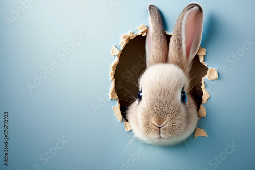Bunny peeking out of a hole in blue wall, fluffy eared bunny easter bunny banner, rabbit jump out torn hole, Generative AI