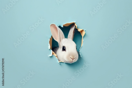 Bunny peeking out of a hole in blue wall, fluffy eared bunny easter bunny banner, rabbit jump out torn hole, Generative AI