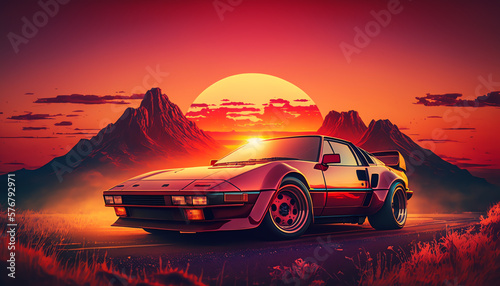 90s retro design with sports car and sunset view