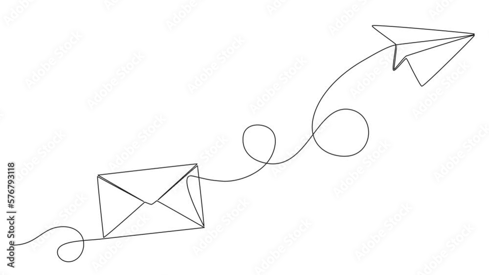 animated continuous single line drawing of envelope and paper plane, line art animation