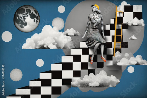 Woman in retro style climbs the stairs to the stars, stairway to the sky, achieving goals, dreams and making dreams come true, contemporary art collage, retro, vintage style, Generative AI photo