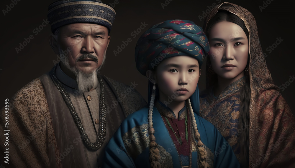 Uyghur family wearing traditional cloth